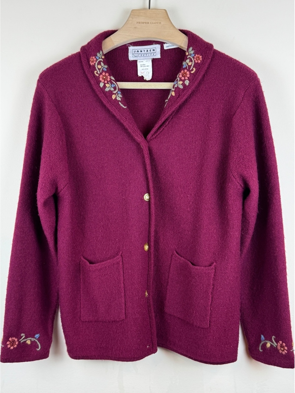 Vintage Jantzen Petite Burgundy 100% Wool Hand Embroidered Floral Cardigan PM